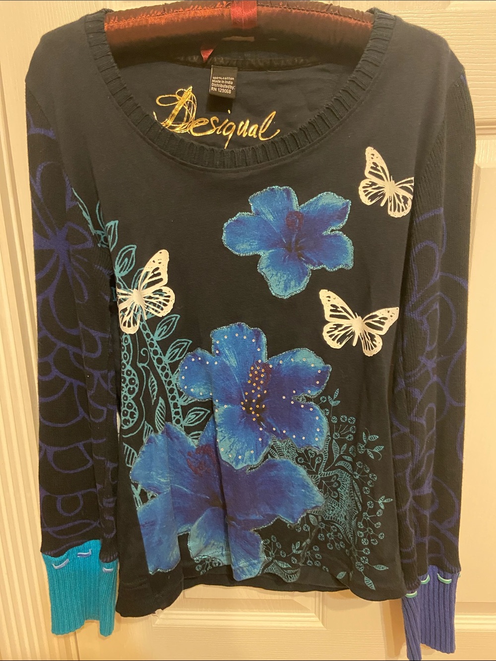 Desigual Navy Blue Floral & Butterfly Long Sleeve Top